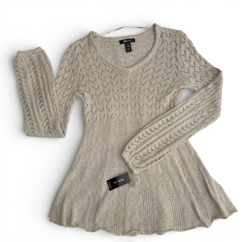 Style & Co NWT Cotton Blend Open Knit XS Lightweight Sweater Dress Cozy Feminine - Picture 2 of 14